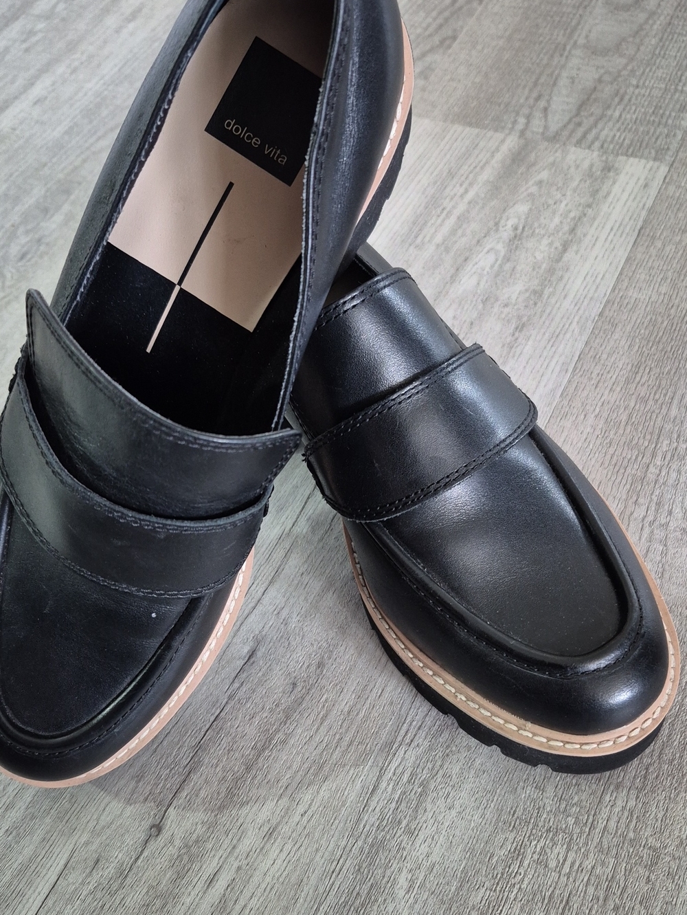 Dolce Vita Black Leather Penny Loafers with Tan Trim